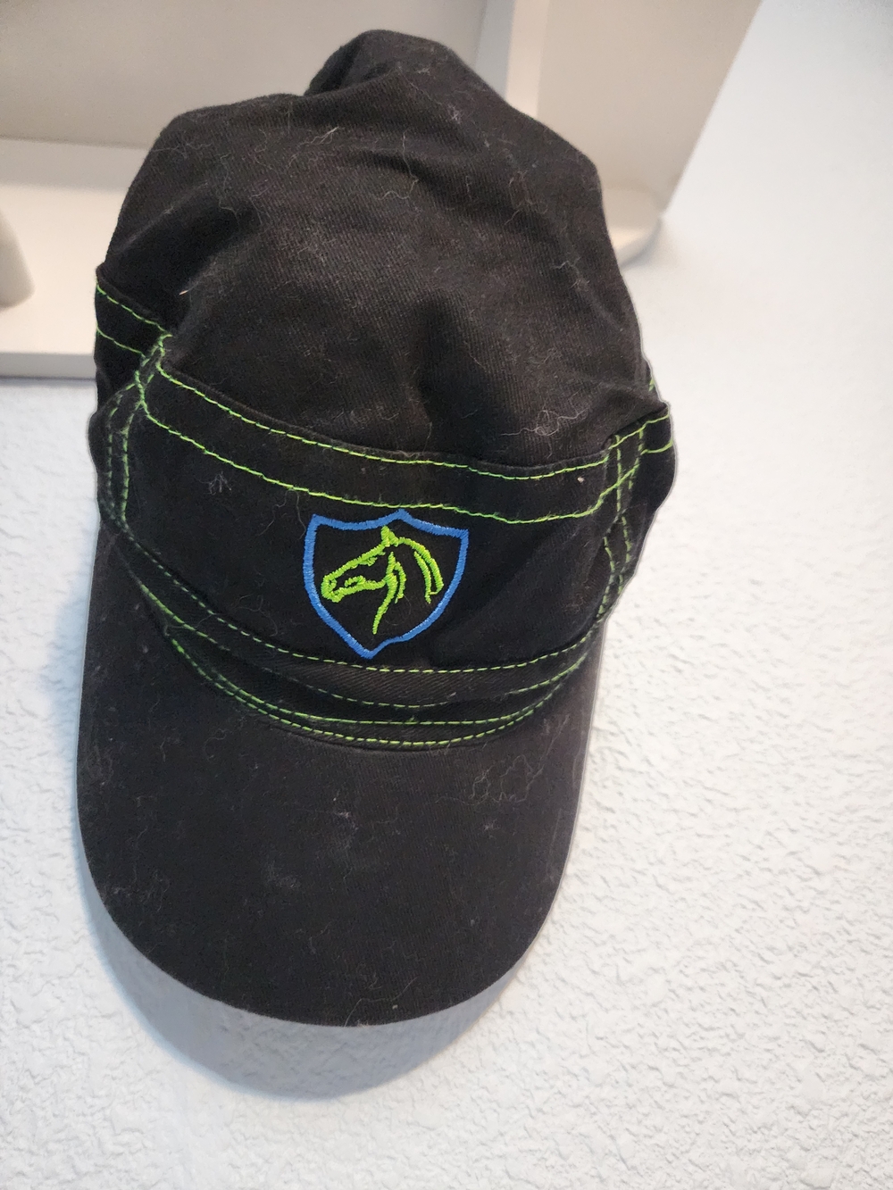 Black Baseball Cap with Neon Green Stitching and Shield Horse Logo